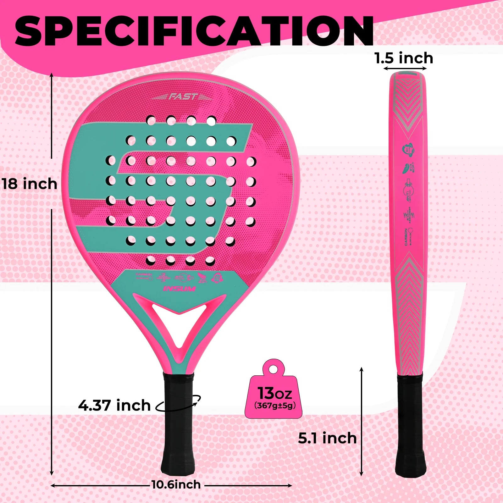 INSUM Padel Racket — Carbon Fiber Surface with EVA Memory Flex Foam Core