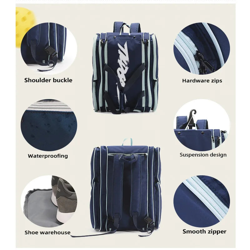 Mochila grande para palas de pádel y pickleball — Impermeable con compartimento separado para zapatillas