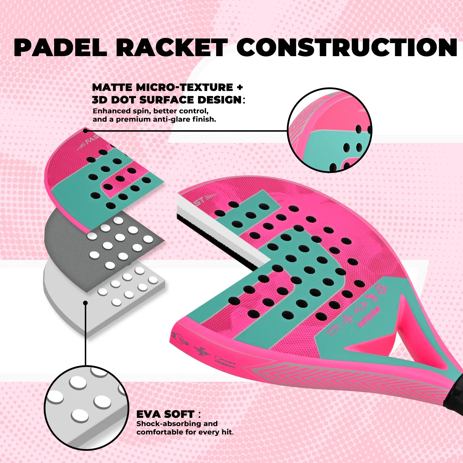 INSUM Padel Racket — Carbon Fiber Surface with EVA Memory Flex Foam Core